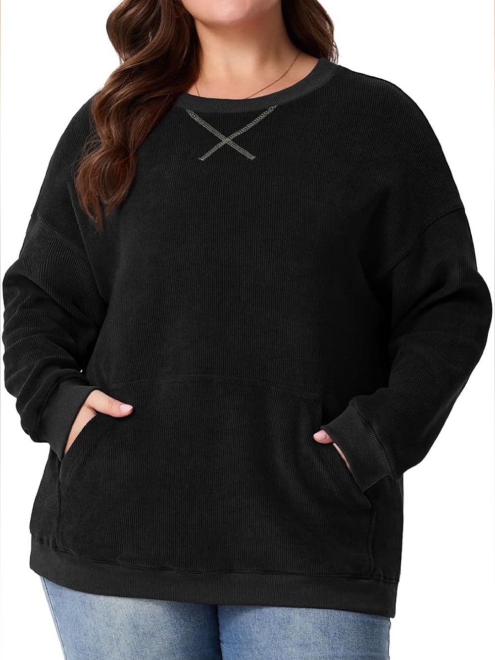 Sweatshirt Oversized Corduroy Crewneck Pullover Kangaroo Pocket 4X